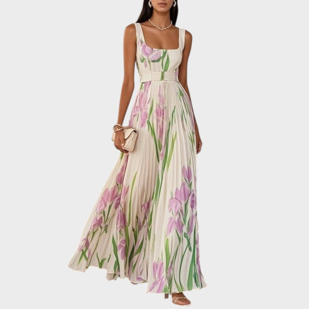 Luxe | Vestido largo plisado con escote cuadrado y flores de gasa