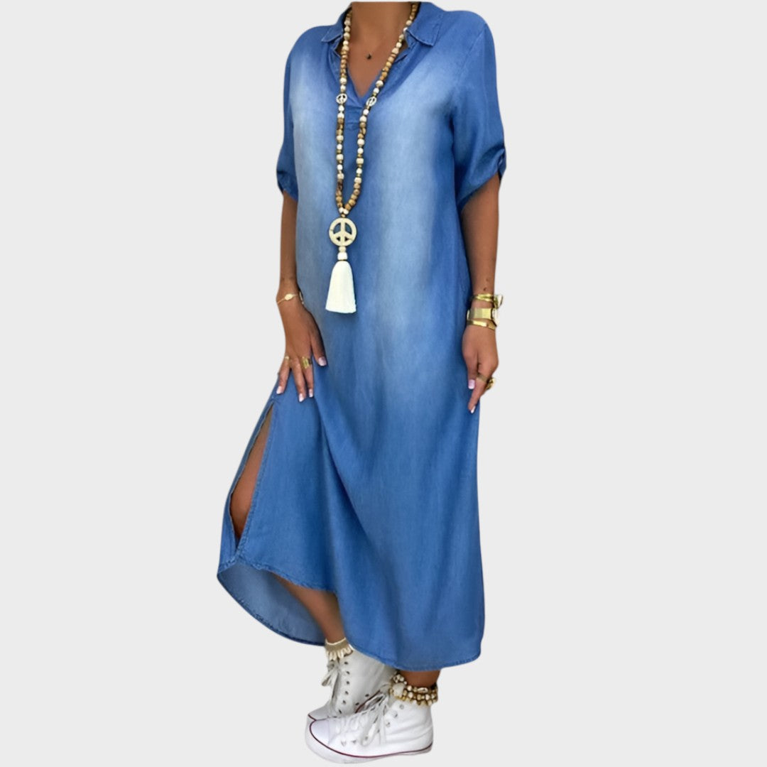 Lea | Vestido Largo Efecto Denim Con Abertura Lateral