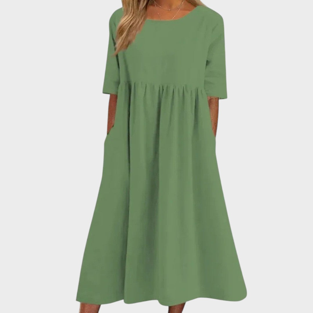 Lucia | Vestido de algodón con cuello redondo y detalle en la cintura