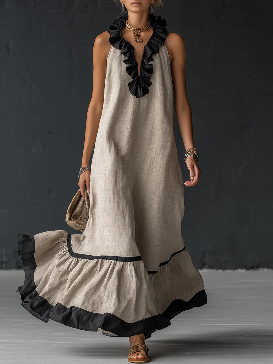 Sofia | Vestido Maxi con Volantes y Detalle Bicolor