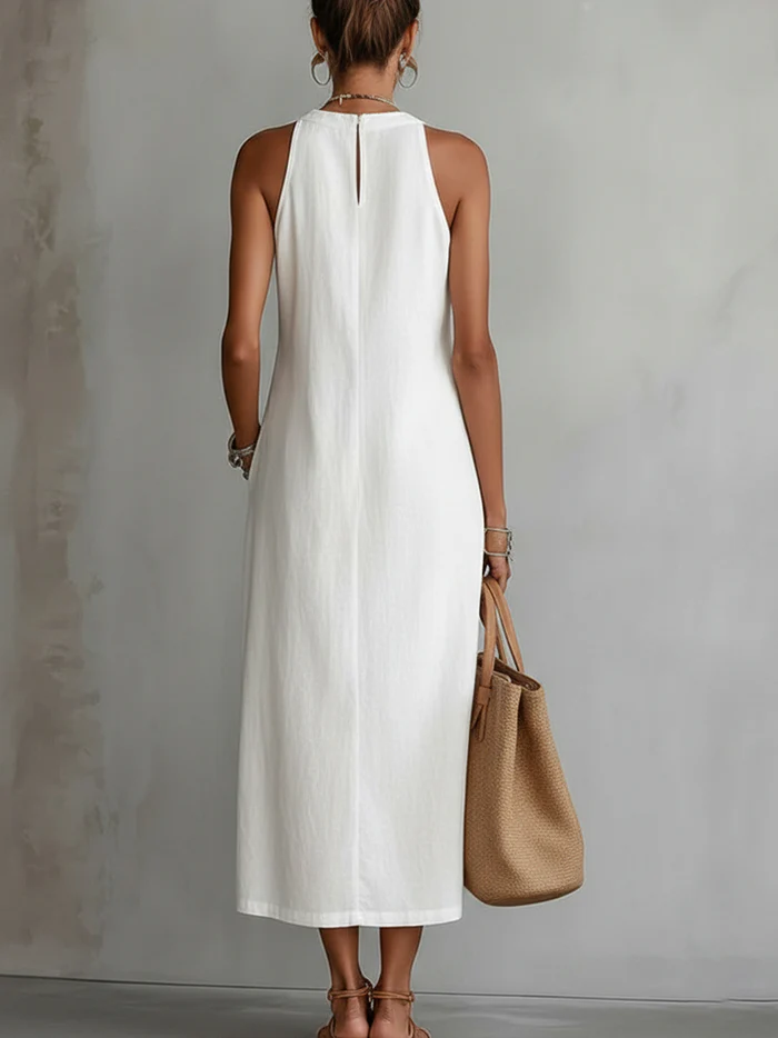 Beatriz | Vestido Midi de Lino con Encaje y Cuello Alto