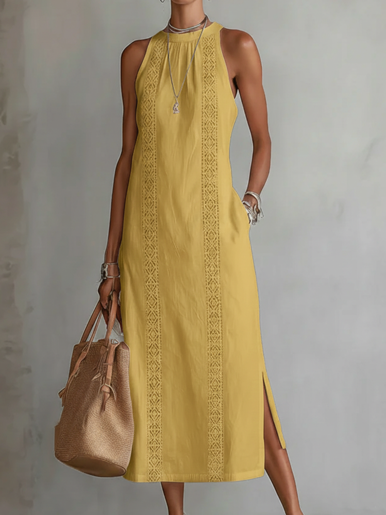 Beatriz | Vestido Midi de Lino con Encaje y Cuello Alto