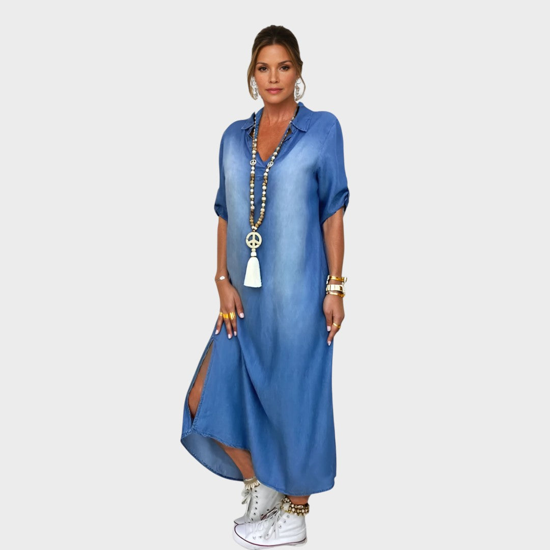 Lea | Vestido Largo Efecto Denim Con Abertura Lateral