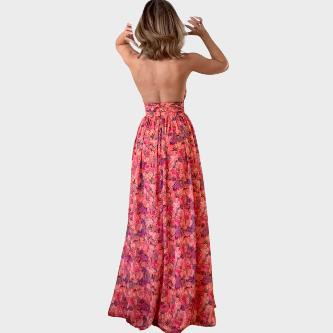 Lunay | Vestido Largo Sin Espalda Con Estampado Floral