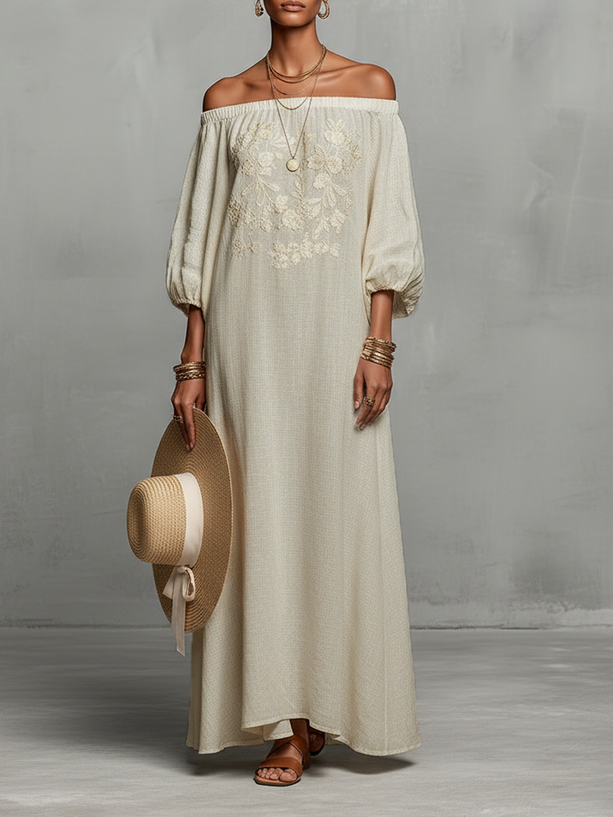 Constanza | Vestido Maxi con Hombros Descubiertos y Bordado Delicado