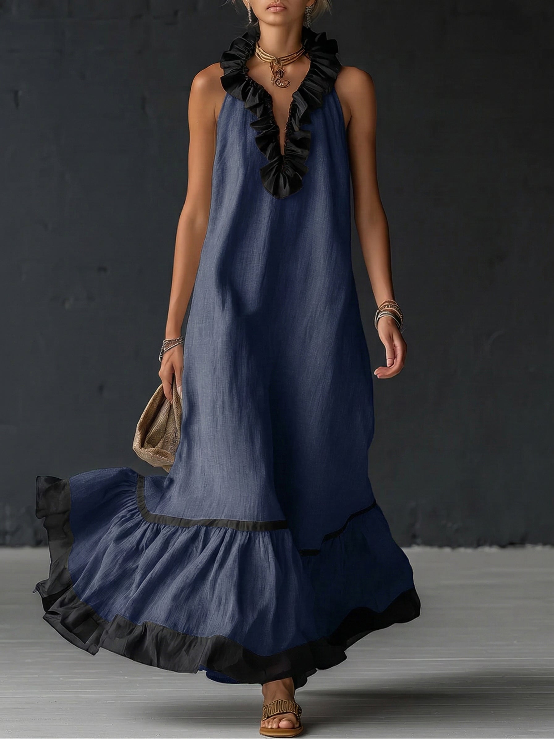 Sofia | Vestido Maxi con Volantes y Detalle Bicolor