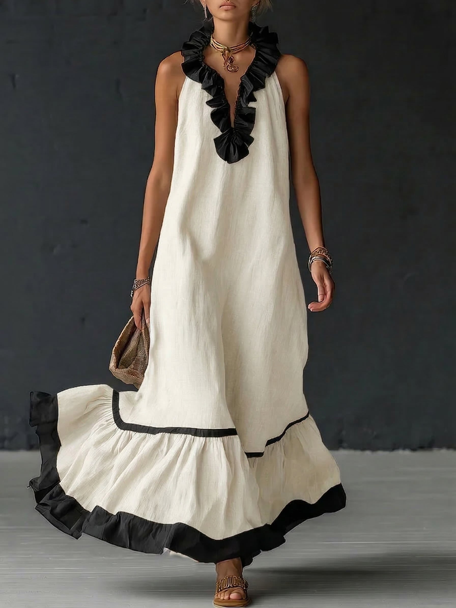 Sofia | Vestido Maxi con Volantes y Detalle Bicolor