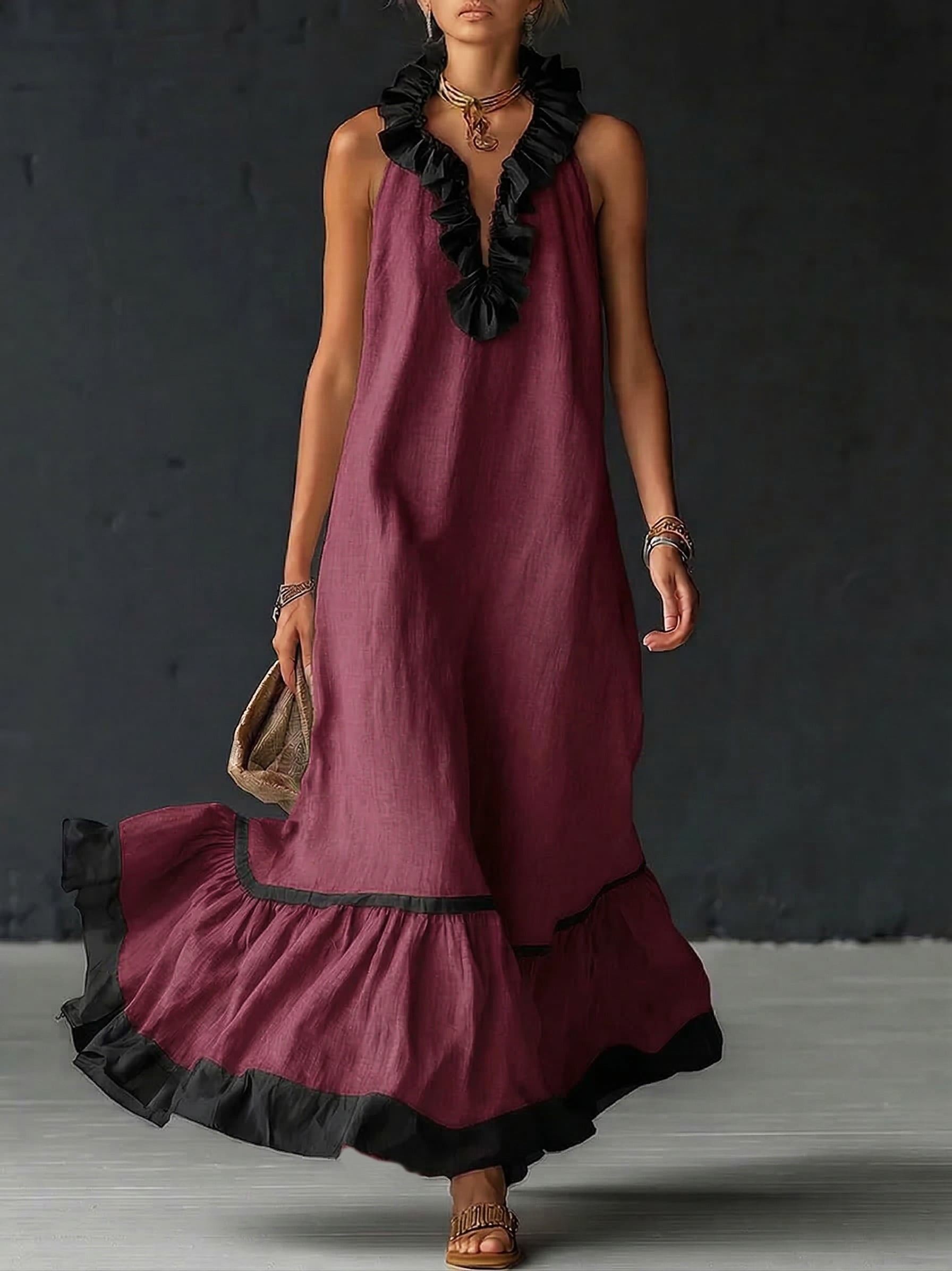 Sofia | Vestido Maxi con Volantes y Detalle Bicolor